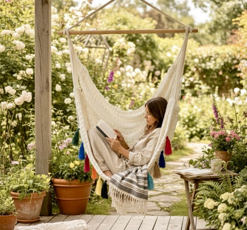 Confetti Waterproof Hammock Chair – Handwoven Indoor/Outdoor Hanging Chair with Rainbow Tassels