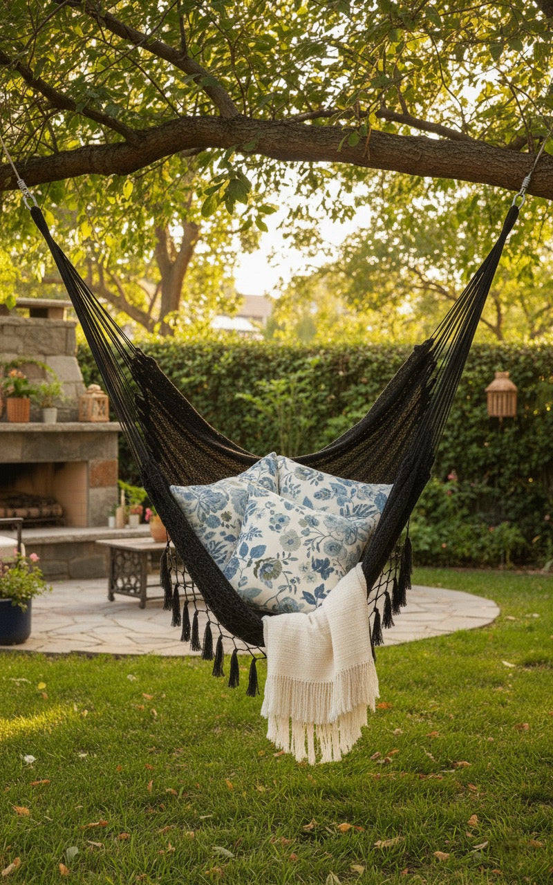 Midnight Hammock Chair — Waterproof Black Handwoven Hanging Chair with Tassels