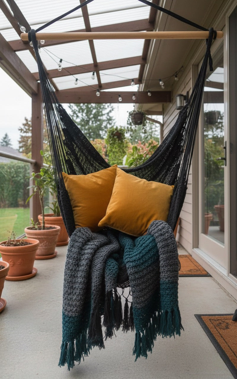 Midnight Hammock Chair — Waterproof Black Handwoven Hanging Chair with Tassels