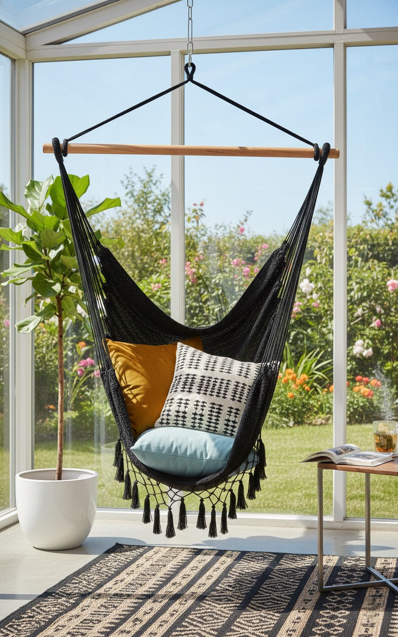Midnight Hammock Chair — Waterproof Black Handwoven Hanging Chair with Tassels