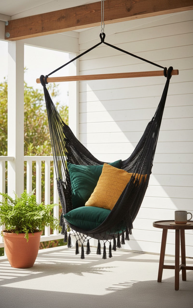 Midnight Hammock Chair — Waterproof Black Handwoven Hanging Chair with Tassels